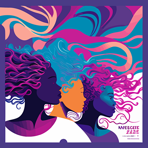 poster art, group of multi-racial women with waves and curls of purple, pink, and turquoise as hair, global conference in the fall, september 2023 vector style