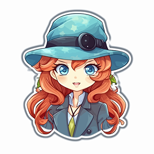 Sticker, Happy Colorful female Sherlock Holmes, long red hair, blue eyes, deerstalker hat, kawaii, contour, vector, white background