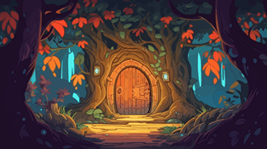 Cozy fantasy portal surrounded by Large curved wooden doorframe with portal leading to other dimension in daytime, close up, with colorful flowers and trees with leaves blowing through the doorway. Vector illustration. 2D hand drawn cartoon animation style with bright colors.