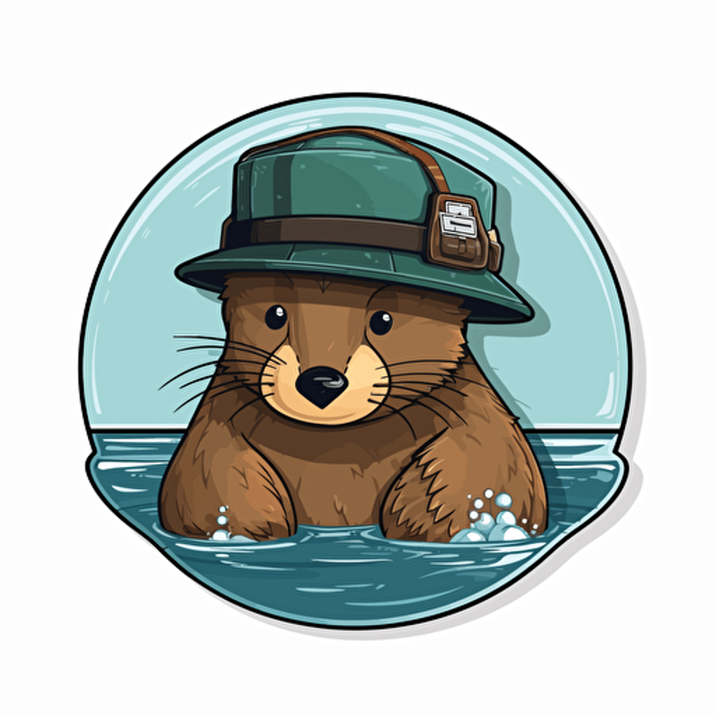 vector beaver with an engineer hat swimming in a data lake sticker in the style of meme art, with white background