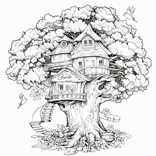 big tree, tree house, birds, flowers, sun, vector image, coloring page