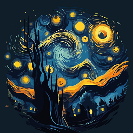 Produce a vector art version of "The Starry Night" by Van Gogh in a modern, abstract style, focusing on the movement and energy of the original piece.