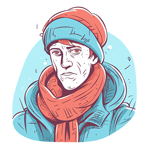 A man in a blue scarf, has a cold, with a red nose. Outline simplified, stylized cartoon illustration with vector fills.