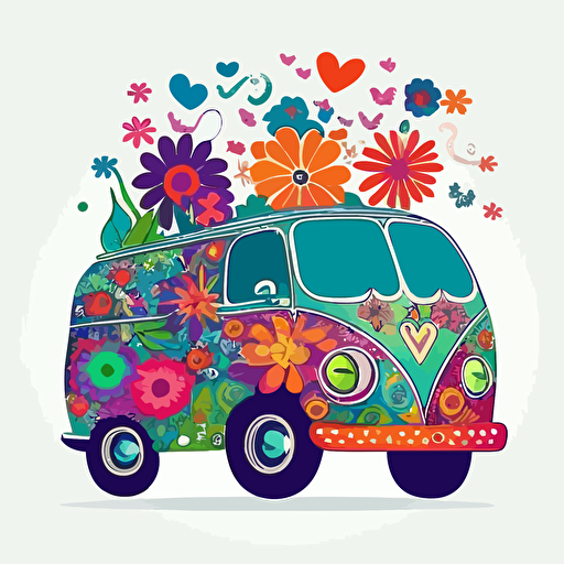 colorful, rainbow doodle style 1960's hippie car with hearts and peace signs and flowers, vector style on a white background