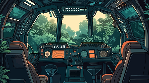 the spaceous cockpit inside a space shuttle that just landed on a foreign jungle planet, complex computers and data instruments line the walls, you can see parts of the jungle planet looking outside of the windows in the cockpit, vector illustration