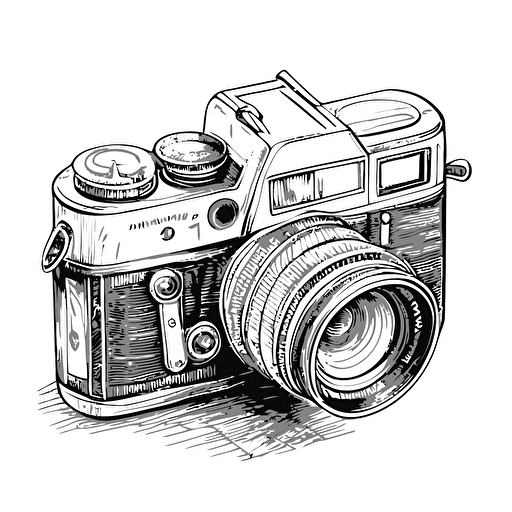 outline of a 35mm camera sketched with a black pen, vector, for logo, no shading