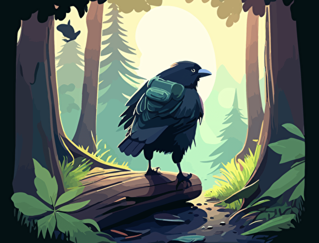 raven hiking along a forest trail. Backpack, forest, mountains, sunlight, happy. Cute, vector, game design.
