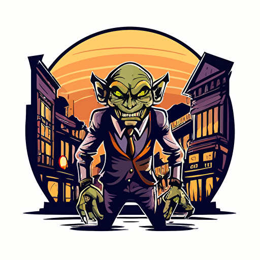 funny Goblin working as a bouncer in front of a night club in the bad part of city, vector logo, vector art, emblem, simple cartoon, 2d, no text, white background
