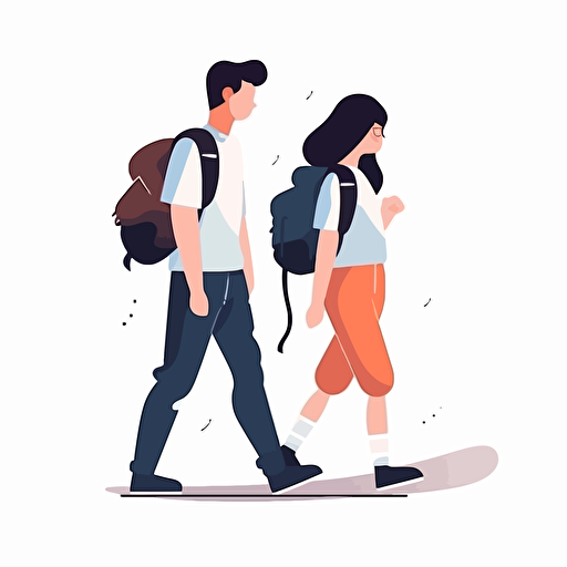 side view of a a male and female student walking. vector illustration. minimal.
