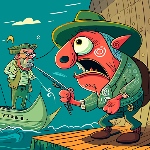 a fish with an enourmous behind robbing a brazillian fisherman at gunpoint cartoon comic vector art