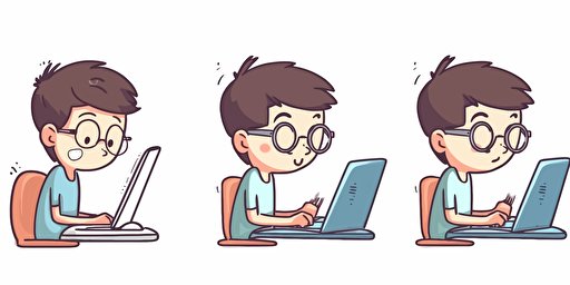 a boy using computer learning, happy expressions. 2D, vector illustration, bright colors. Drawing using AI.