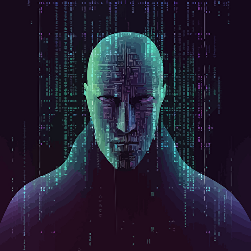cyberpunk ghost in the machine, a man looking at the camera made of digital binary barcode data, cryptopunk vector dot matrix futuristic generative art landscape, ultra-sharp intricate details::3