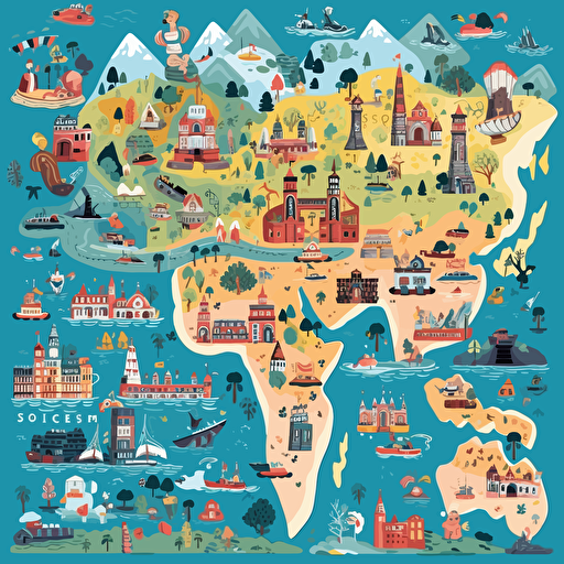 a world map in children's illustration style, colourful, vector style