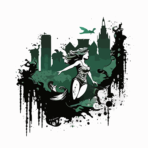mermaid swimming through the bad part of a city , vector logo, vector art, emblem, simple cartoon, 2d, no text, white background