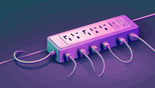 vector illustration of an power strip with many cords plugged in, sparse and simple, lavendar gradient background