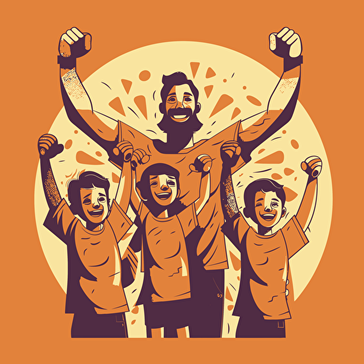 vector art, man with arms up flexing biceps, kids hanging off his arms