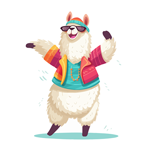 cute lama vector drawing , white background happy and dancing