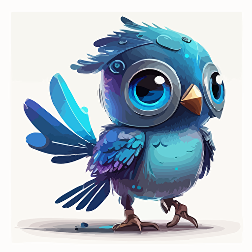 happy, cute, robotic blue bird, big head, large shiny eyes, small wings, small legs, subtle gradients, colorful feathers, vector art, 2d
