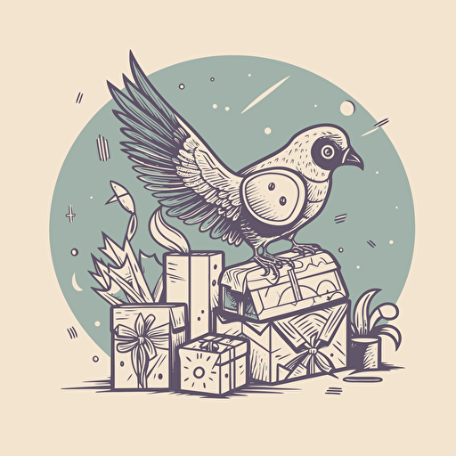Illustration of a bird flying over gift boxes holding a magnifying glass. doodle style vector minimalist