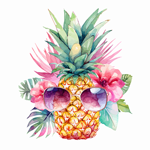 cute watercolor design of pineapple with luau flowers wearing pink sunglasses, vector