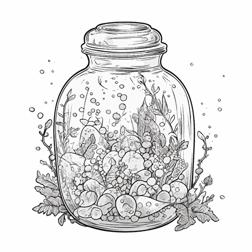 vector image for a coloring page of a whimsical magical bottle or jar with crystals in it with a clear bare background isolated on a white background