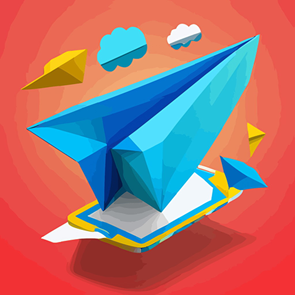 email ariving in inbox on phone, paper airplane, illistration, vector, blue primary color