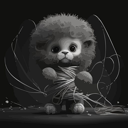 A vectorized image of a baby lion with streamers in shades of grey.