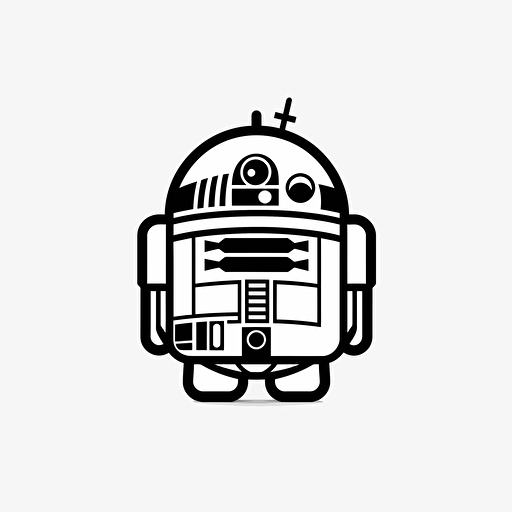 Chubby r2d2 illustration, looking at the camera, minimal, outline strokes only, black and white, logo, vector, white background