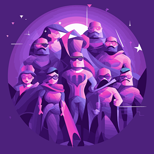 cute and fun style, overlook angle, vector cartoon vector flat, group of office employees becoming superheros to protect the company against cyber attacks, main color purple