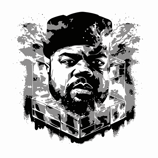 black and white vector image of ice cube flying on fire