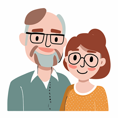 two adult parents, standing in front of the camera, smiling. white background. cute, cartoonish, vector, anime