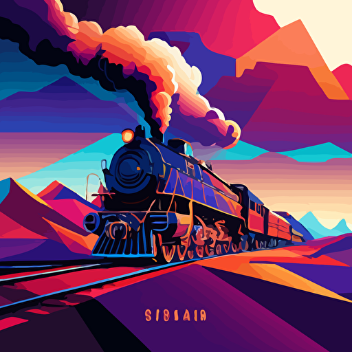 one steam train, flat landscape, digital art, vector, long shadow, 45 degree point of view, by Grant Riven Yun , synthwave colors
