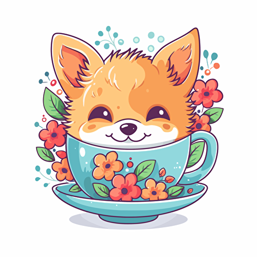 professional design vector, Happy cute colorful flower inu in a teacup, joy, vibrant colors, kawaii, contour, white background, smiling, happy, smile, joyful