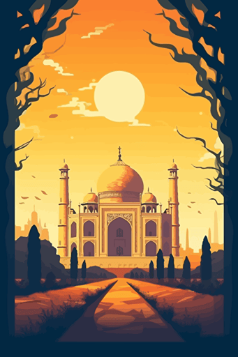 taj mahal, illustration, bright lighting, summer vibrant colors, blue sky, sun in sky, front view, flat,vector