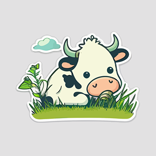 Very cute cow eating grass pixar style, 2d flat design, vector, cut sticker