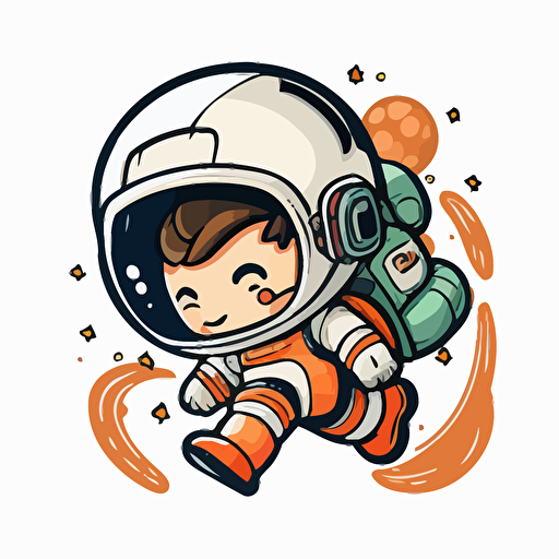 draw a 2D vector, cartoon, cute, astronaut flying in space, a simple drawing, in color but bordered with a black line, flat drawing and without details on a white background