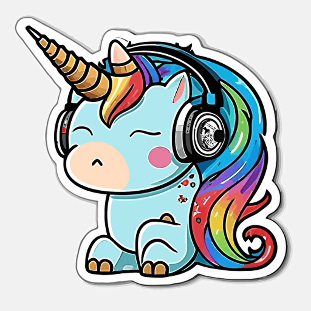 sticker, happy colorful unicorn wearing headphones, kawaii, contour, vector, white background s 250