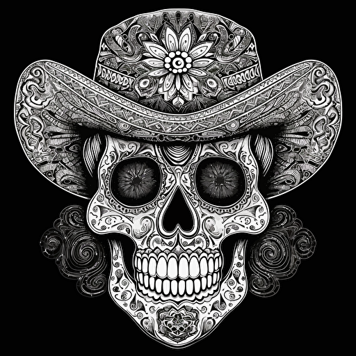 masked mexican scull, sombrero, bandana, vector, mask, black and white, detailled, vector art, ornament, background mexican ornament