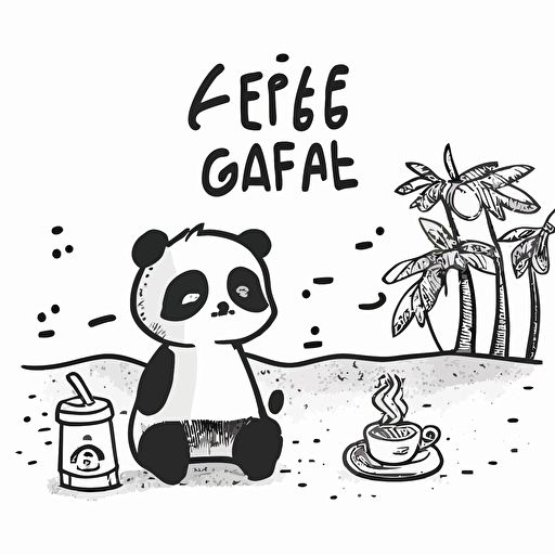 beach with cute panda, fire, coffee shop cute starbucks logo cartoon, minimal, line, NO COLOR, one line, black ink, vector, white background