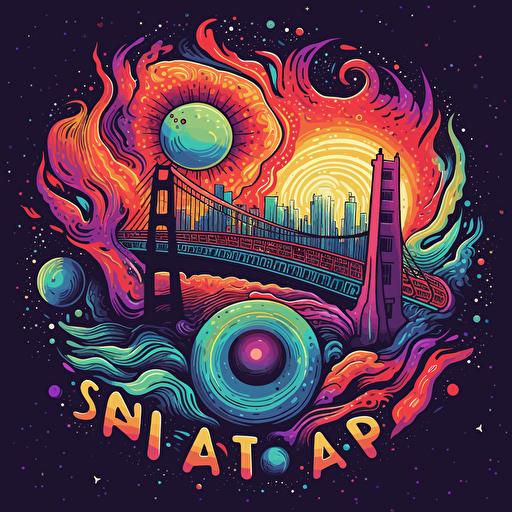 colorful vector art, san francisco in a worm hole and colorful galaxy in the background