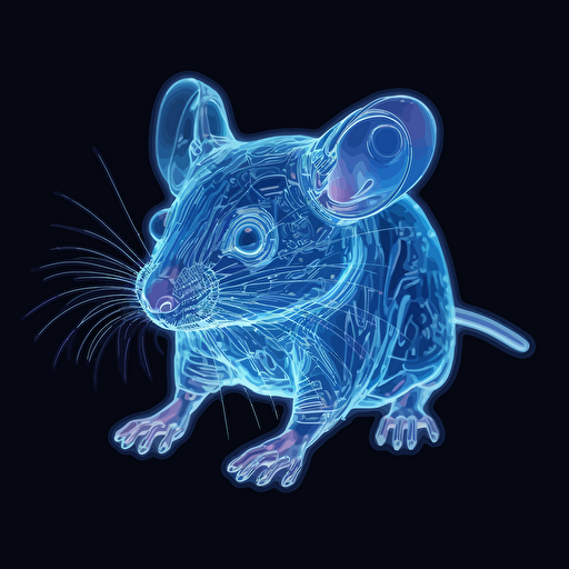 a laboratory mouse vector art, the mouse is made from transparent gel. the brain of the mouse is exposed and visible in the head of the mouse and the brain is blue