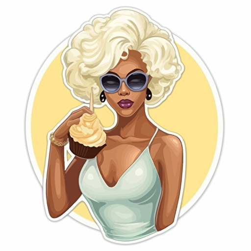 sticker vector illustration, a black female stylish with diva sunglasses and diva attitude, in a dress made of delicious vanilla frosting, with hair like vanilla frosting too
