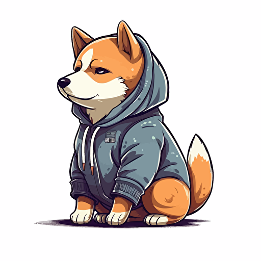 cartoon 2d shiba 2/3 left side profile shot, Shiba Inu wearing a hoodie, cartoon anime, colors, surreal, Vector illustration, white background