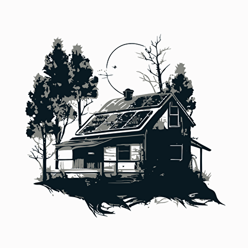 simple vector drawing, single color house with trees and photovoltaic panels on the roof, white background