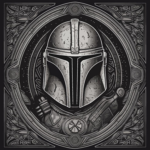 the mandalorian all silver armour, logo in the style of shepard Fairey, vector art, lino cut style, monochromatic, grain effect,