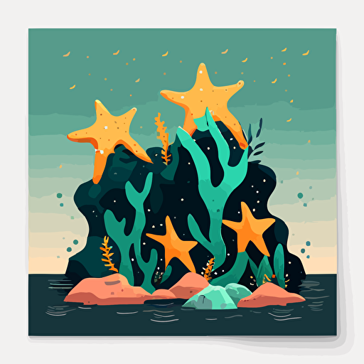 sea stars on a rock, minimalist design, fun vibe, vector, 2d, flat