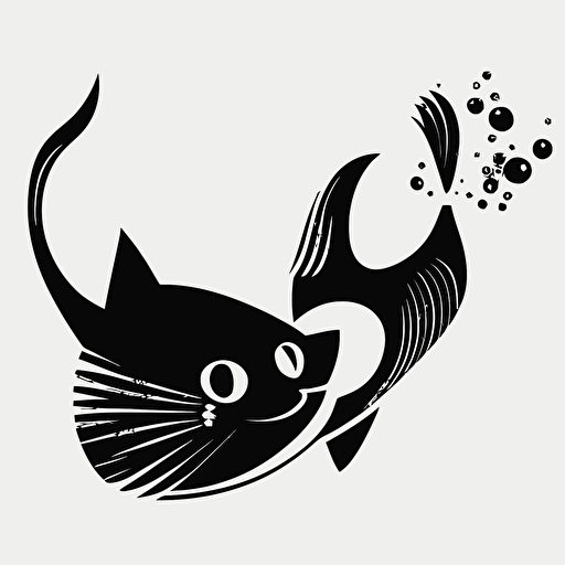 expressive cat fish, in style of Tom Whalen, flat, black and white, flat, vector, line drawling, white background ar 1:1