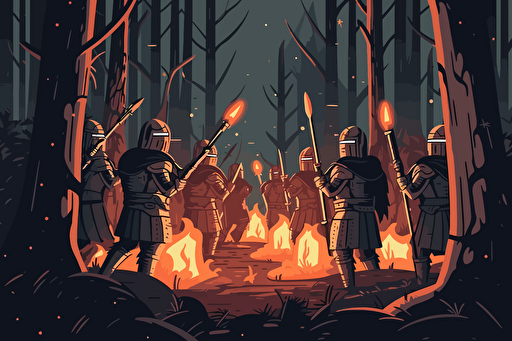 Fantasy retro cover art of medieval troops with torches surround by darkness, close up view of the troops, worried facial expressions, spiderwebs, horror, diablo, gloomy, atmospheric, fog, dark pinetrees, retro 90s box art, vector style, pixel art.