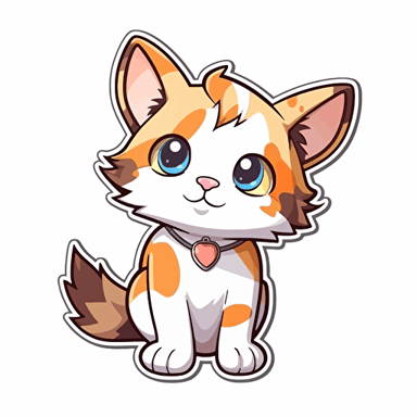 sticker, smart and cute calico cat, kawaii, contour, vector, white background