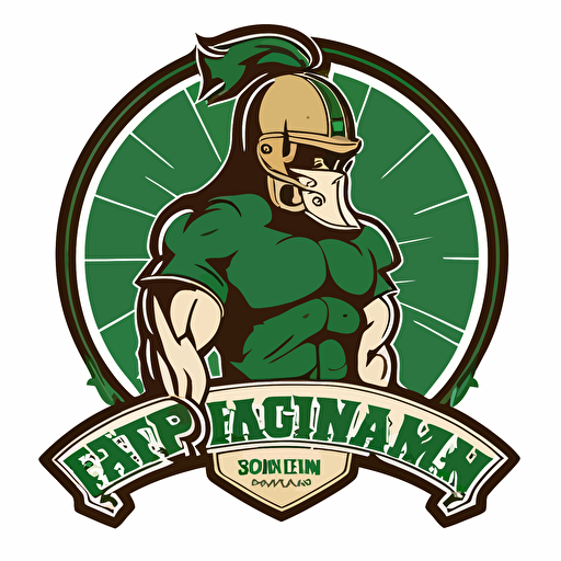 A Boston-themed fantasy football logo (content: a stylized, muscular leprechaun wearing a football helmet, carrying a football under one arm, and standing on a shamrock) (medium: vector illustration) (style: combining classic Irish symbolism with a modern, edgy sports aesthetic) (colors: featuring Boston's signature green, gold, and white color scheme) (composition: use a dynamic pose for the leprechaun, with the shamrock and city name incorporated to create a cohesive, striking logo that captures the spirit of Boston).